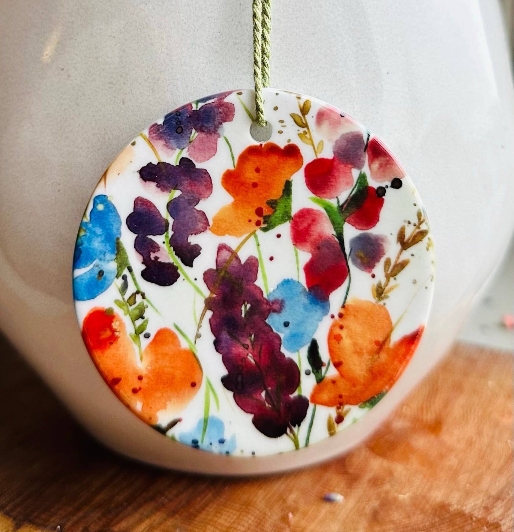 Floral ceramic hanging disk